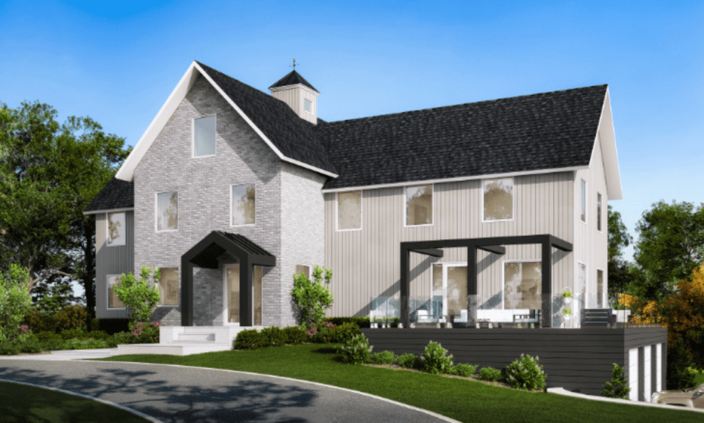 Front exterior of 3 Effie Pl, a new construction luxury home in Lexington, MA with covered porch and landscaped lawn