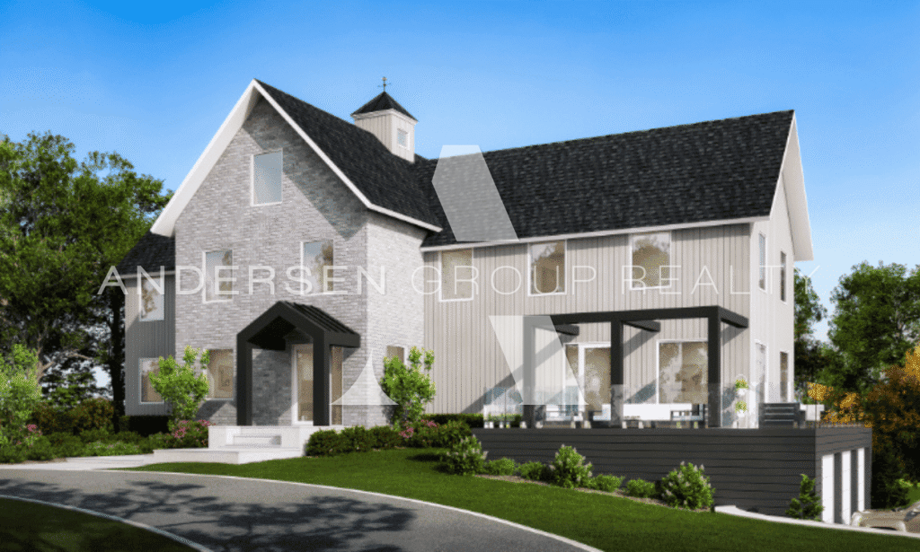 Front exterior of a new construction luxury home in Lexington, MA with covered porch and landscaped lawn