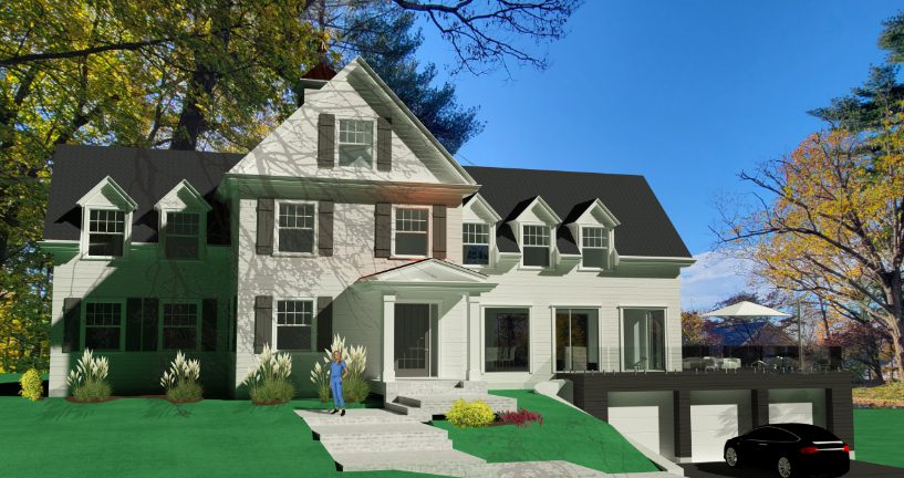 Exterior rendering of a large two-story suburban home with stone accents, multiple gables, and landscaped front yard.